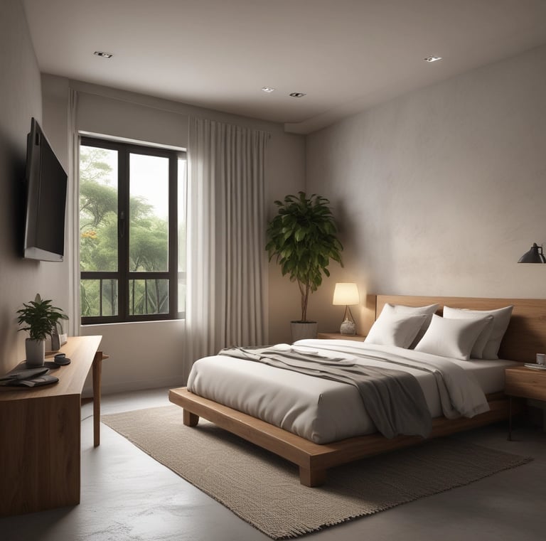 Outdoor seating space with plants and warm lighting.