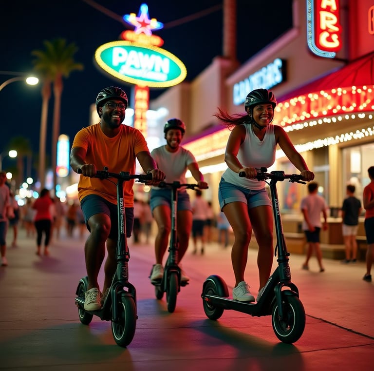happy couple riding scooters on the fremont street experience