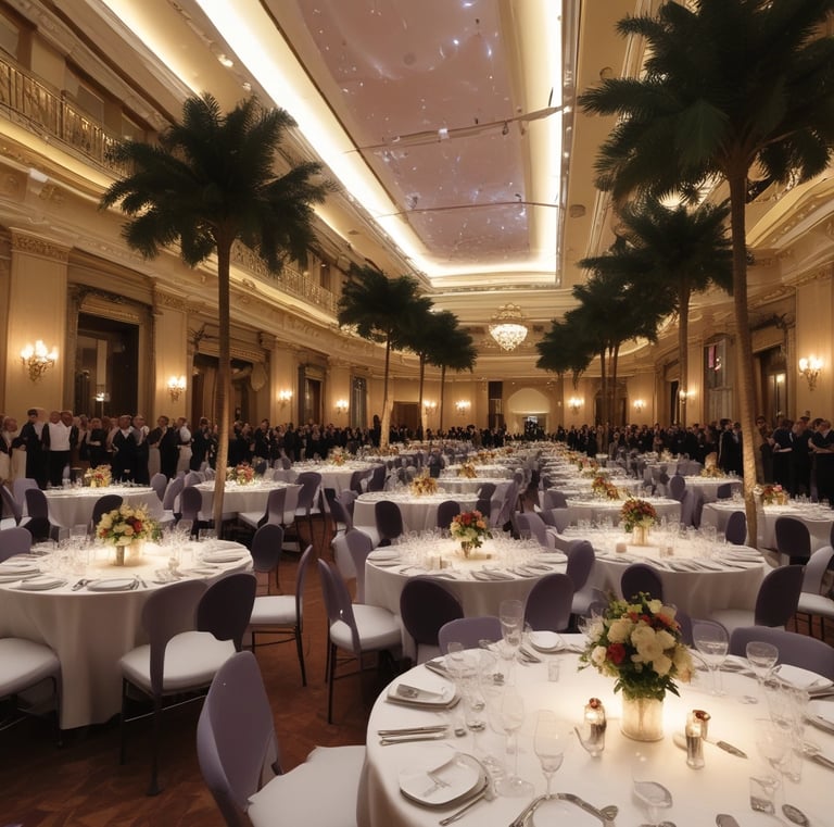 A wide shot of the gala venue showcasing elegant decor and ambiance.