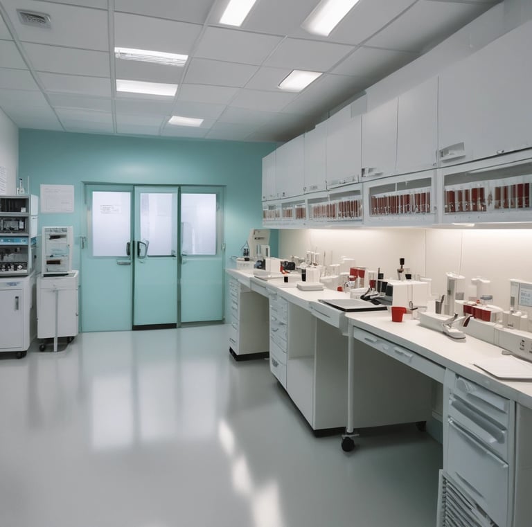 A group of people is gathered inside a dimly lit room with large windows. A medical professional wearing a mask is seated and attending to a child while others, including women and an elderly person, are either seated or standing nearby. The interior has plain walls, and there appears to be a consultation taking place.