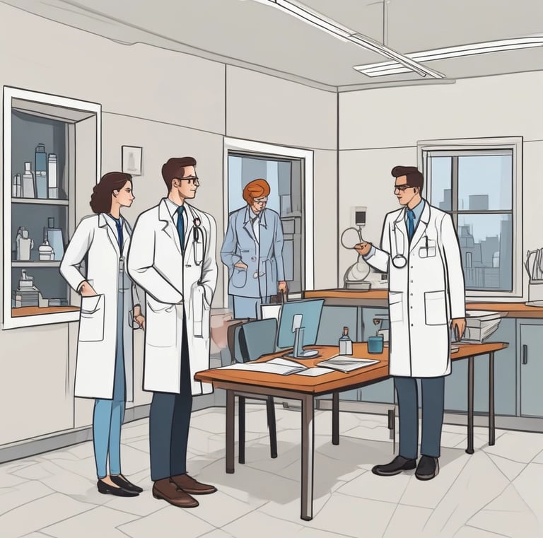 Hands typing on a laptop with a stethoscope resting on the wooden table beside it. The setting suggests a work environment that combines technology with healthcare.