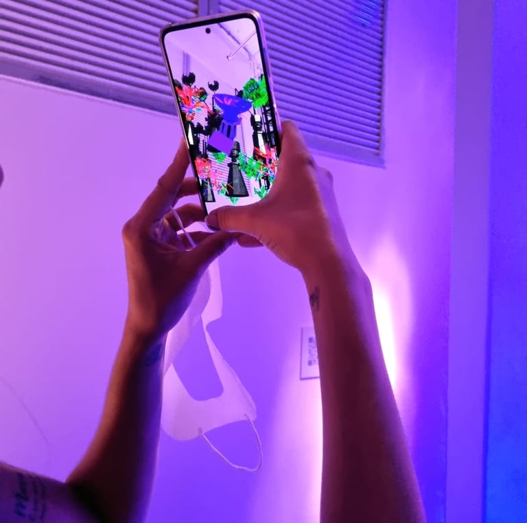 a person holding a cell phone up to their face - digital art