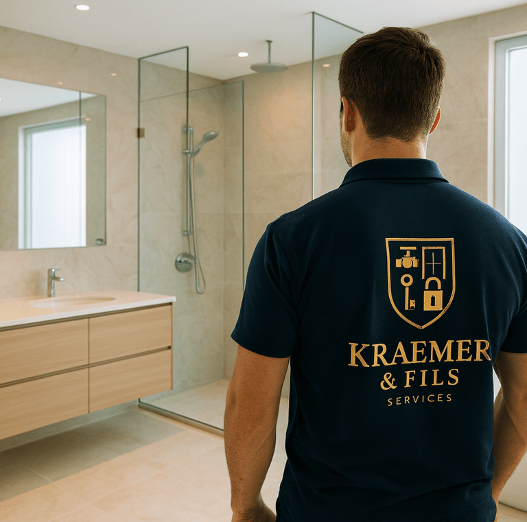 a man in a blue shirt and a white tub tub in a bathroom