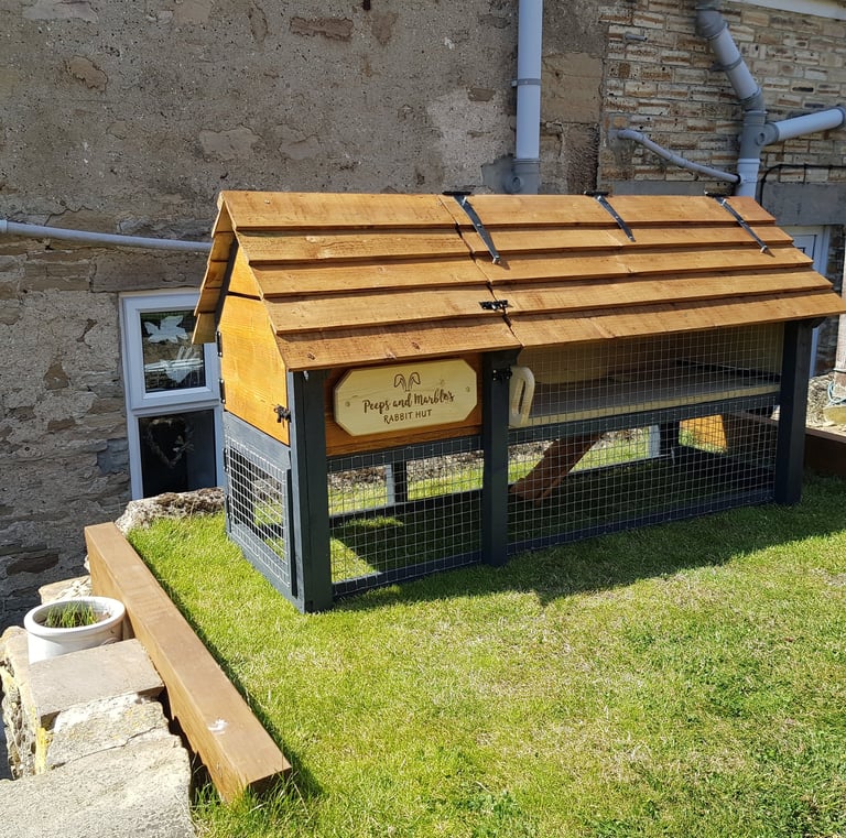 a rabbit hutch on a lawn