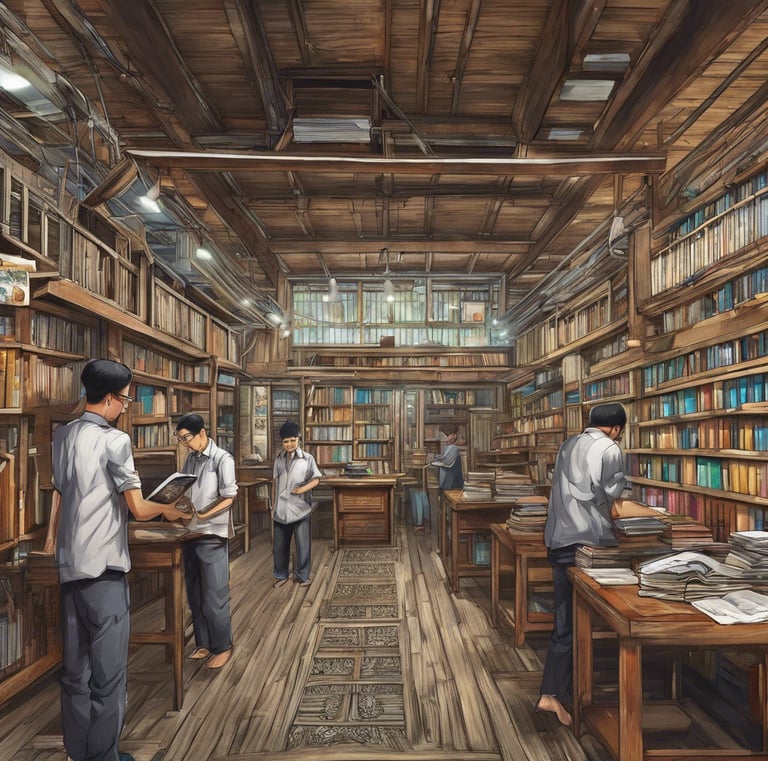 a group of people standing in a library