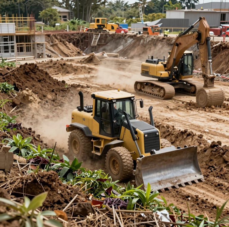 A construction site with piles of gravel and sand, surrounded by greenery and palm trees. Concrete foundations and steel rods are visible, with a cement mixer in operation. Workers can be seen in the background carrying materials.