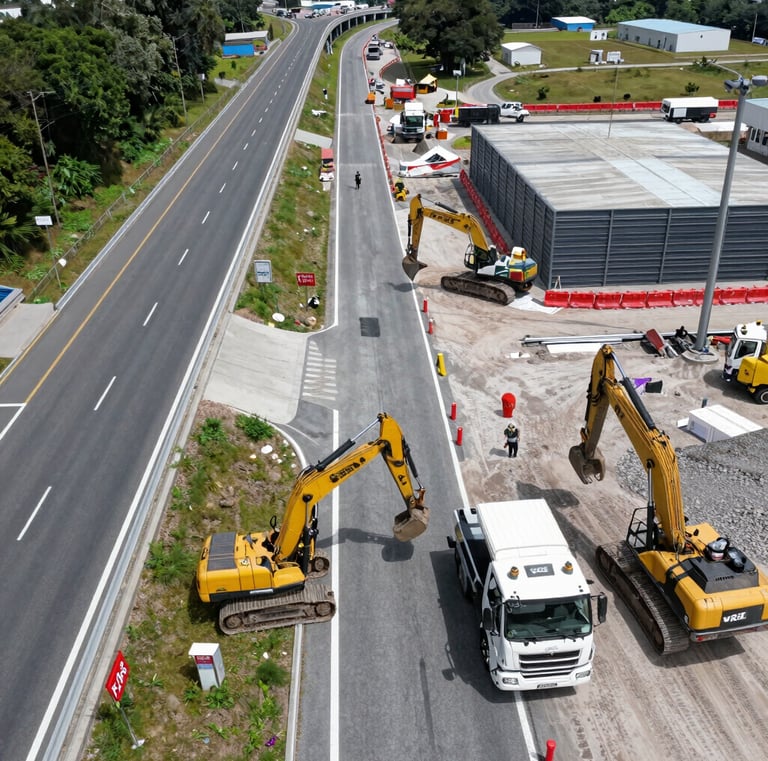 A construction site featuring a partially-built structure with exposed scaffolding and metal beams. The area is enclosed with a temporary barrier featuring images of construction workers and the word 'TEAMSWORK'. A tall crane is visible in the background. Sparse trees line the pavement in front of the construction area.