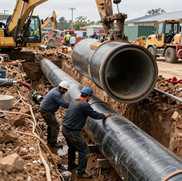 A construction site with piles of gravel and sand, surrounded by greenery and palm trees. Concrete foundations and steel rods are visible, with a cement mixer in operation. Workers can be seen in the background carrying materials.