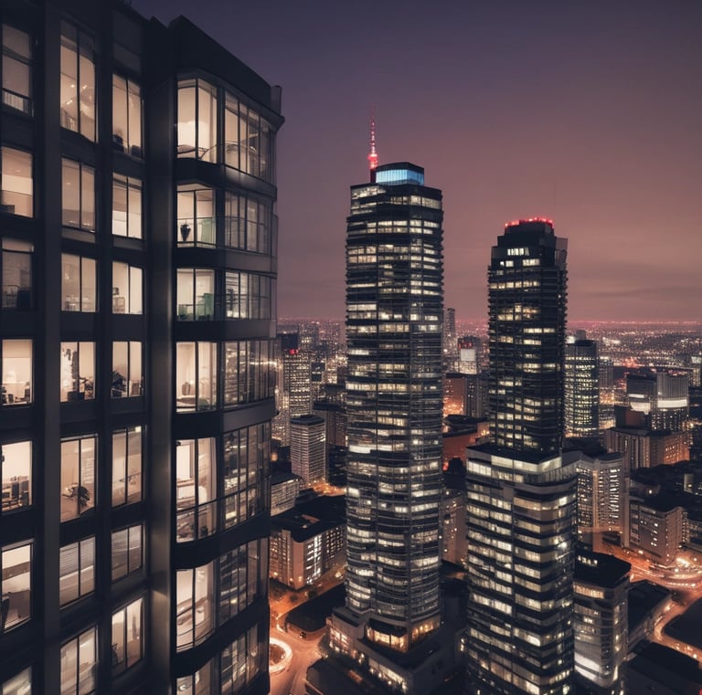 A tall, modern skyscraper with a sleek, geometric design features numerous windows and balconies. The foreground displays a sign advertising luxury penthouse suites with information on sales and rentals. Several small trees and flagpoles are lined up on the terrace, adding a touch of greenery to the urban setting.