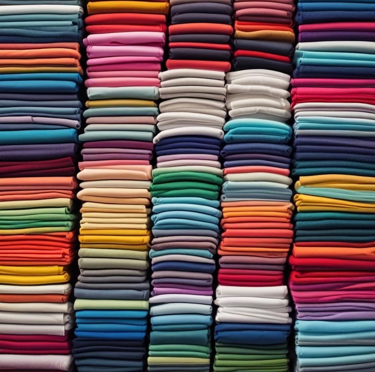 A neatly stacked pile of colorful folded t-shirts is set against a bright pink background. Each shirt features unique patterns and designs, including tie-dye and cartoon motifs.