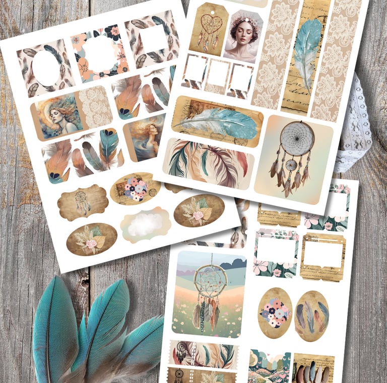 a collection of boho inspired ephemera featuring feathers, flowers, and imagery in muted tones.