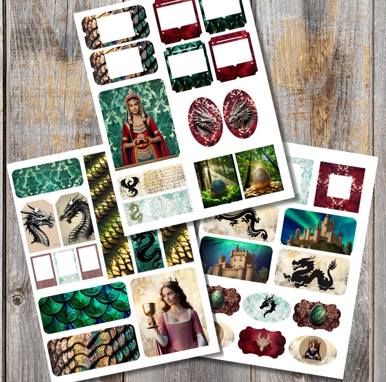 Ephemera featuring dragons, and medieval imagery on a gray wooden surface