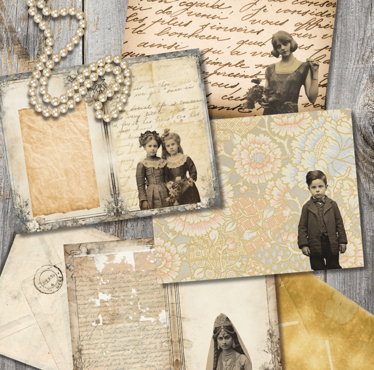 journal papers featuring vintage photos and old letters on a wooden surface with pearls