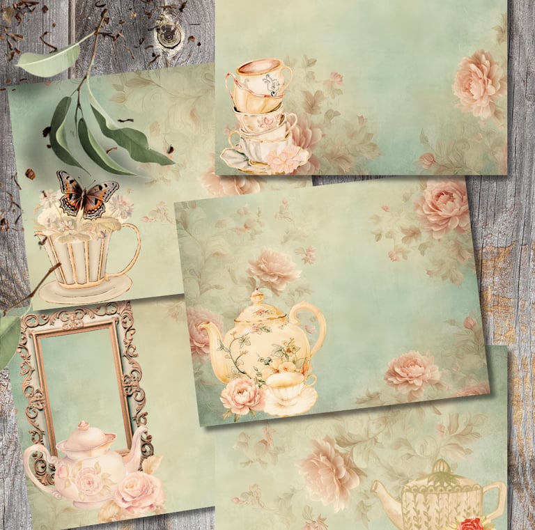Journal background papers in light blue with pale pink flowers featuring tea related images