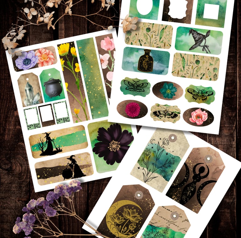 witch themed ephemera featuring metaphysical images, witchy themes, and botanicals