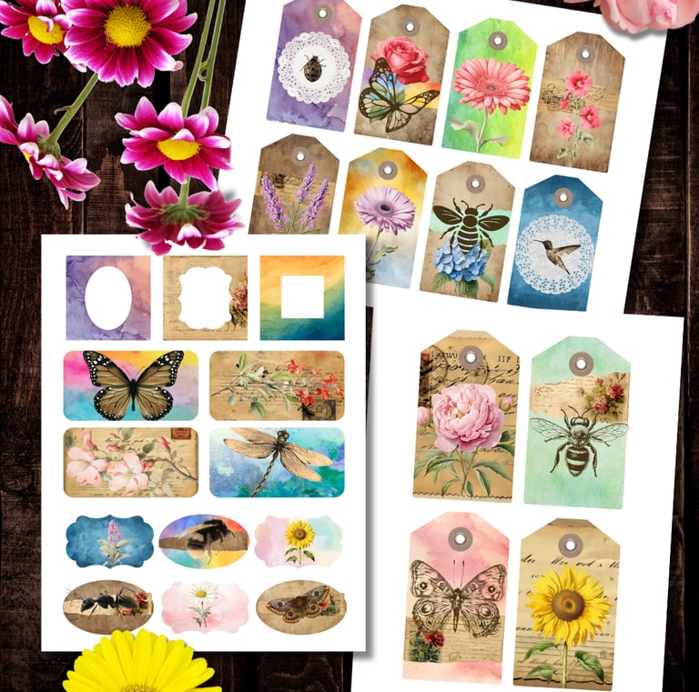Printable vintage-style tags and labels featuring flowers, bees, butterflies, and watercolor accents