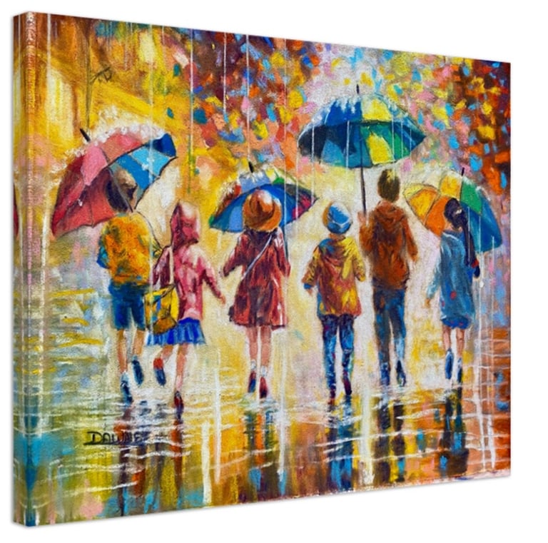 a painting of a group of children walking in the rain