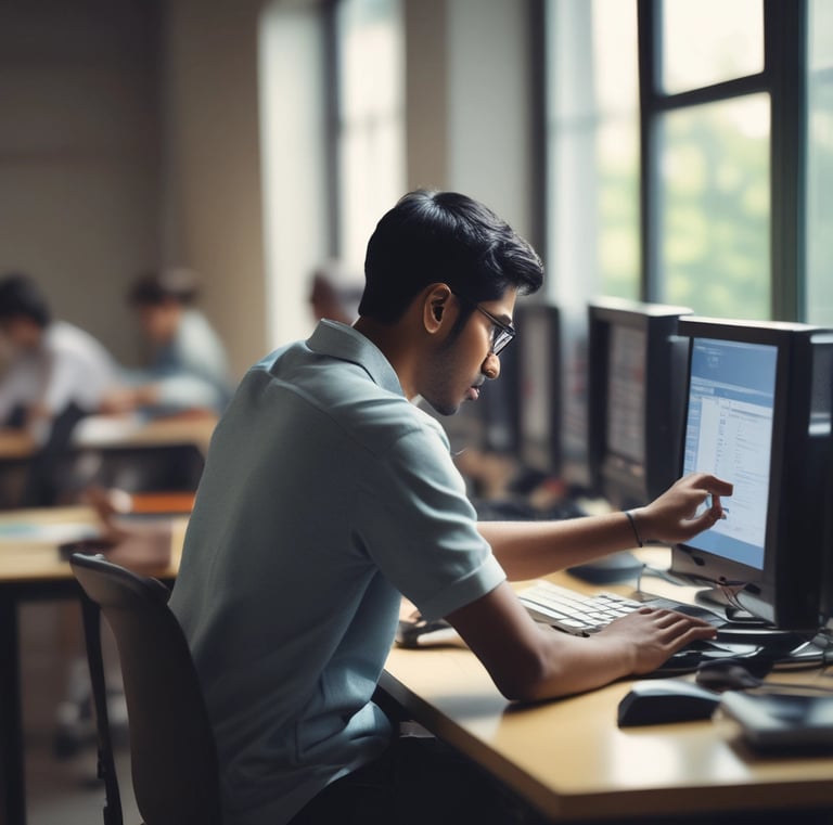 A man is standing in a workshop or industrial setting, interacting with a large piece of machinery or equipment. He is holding a keyboard and appears to be concentrating on the work at hand. The environment looks clean and organized, with various wires and components visible around him.