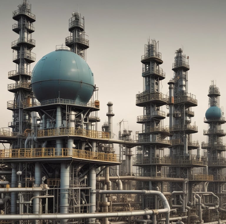 An industrial indoor scene showing an intricate setup of machinery and equipment. There are numerous cables and pipes intertwined, with a chain hoist hanging from above. A staircase is visible on the left side, leading to a platform with railings. Various electrical equipment and control boxes are positioned around the area. The environment seems to be part of a larger facility, with a large vent pipe running horizontally across the wall in the background.