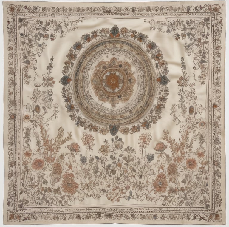 A luxurious interior setting with ornate wall coverings and curtains featuring intricate patterns. A plush, patterned cushion rests on an upholstered couch, also detailed with elaborate designs. A metallic pot holds vibrant orange flowers, adding a touch of color to the scene.