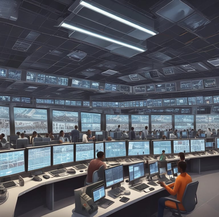 A security guard is seated inside a small, glass-enclosed security booth. The booth is filled with various monitoring and communication equipment, including multiple surveillance screens, a fan, and documents pinned on the walls. The setting appears to be in a dimly lit area, giving off an evening or night-time ambiance.