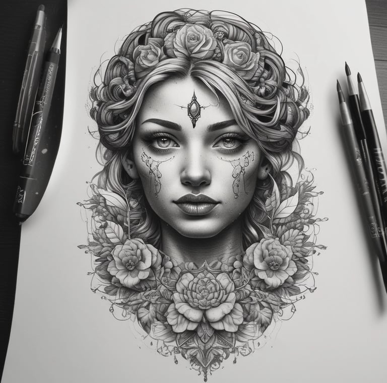 An urban street scene features a row of classic European-style buildings with ornate architectural details and large arched windows. The facade of a tattoo and piercing shop is prominent in the foreground. The buildings are painted in warm shades of beige, yellow, and orange. Leafy trees line the street, and iron fences are visible along the sidewalks.