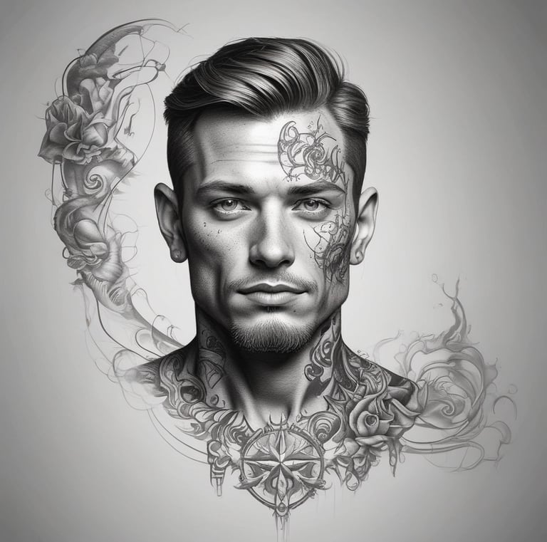 A vibrant street scene in a bustling urban area features colorful buildings with various signs, including one for a tattoo shop. The architecture is traditional with red and orange facades, and numerous small shops line the street. People walk along the busy pathways, and greenery decorates the foreground.