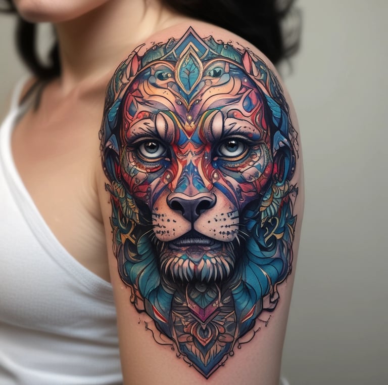 The scene features a street view of a tattoo parlor located in a small building among other urban structures. The central building has a beige and maroon facade, with large windows displaying the word 'TATTOO' prominently. A brick building is adjacent on the left side, adorned with graffiti artwork, while the building on the right has a yellow brick exterior. Small planters with dried plants are placed in front of the tattoo shop.