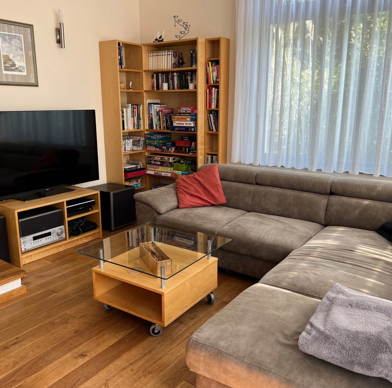 Moderner Wohnbereich im Ferienhaus Panoramablick in Hattingen mit Kamin und Sofa.