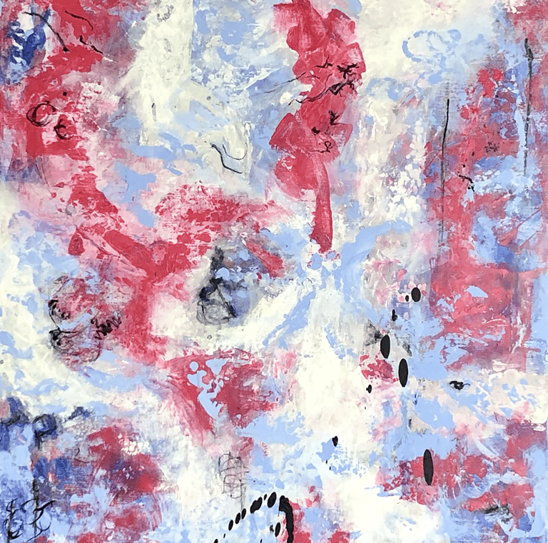 Painting in redviolet and lavender blue with white called Hasta la Vista