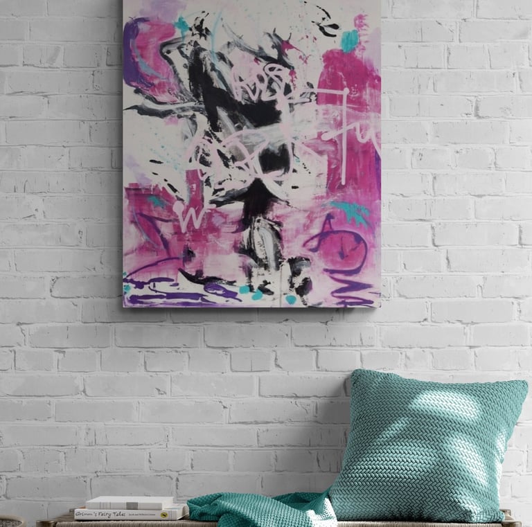 magenta and black painting with wild brush strokes on white brick wall
