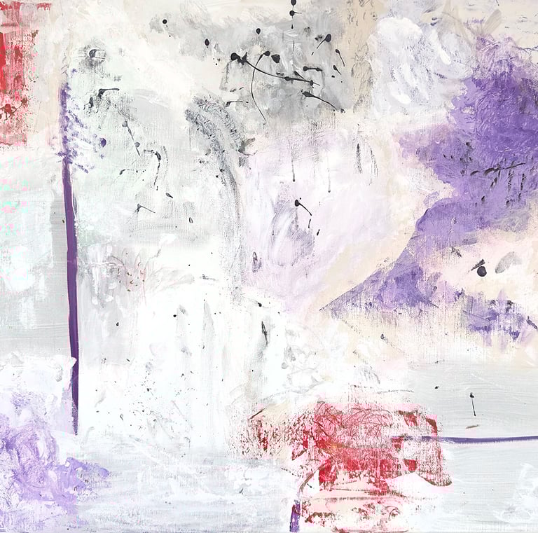 A photo of a white, grey and violet painting with some red marks