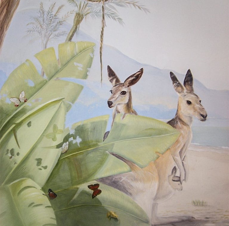 Kids' mural of two life like kangaroos peeking out from behind lush tropical leaves on a beach