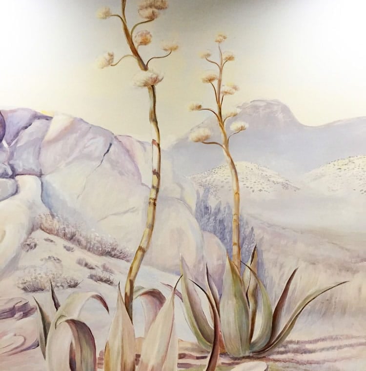  Detail of a mural depicting a blooming agave in the Mojave desert, hand-painted in gentle tones, capturing the morning light