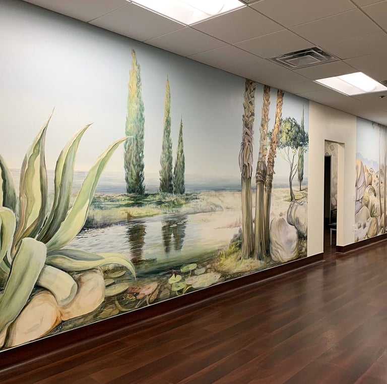 Ultra wide angle showing both murals and their environments.