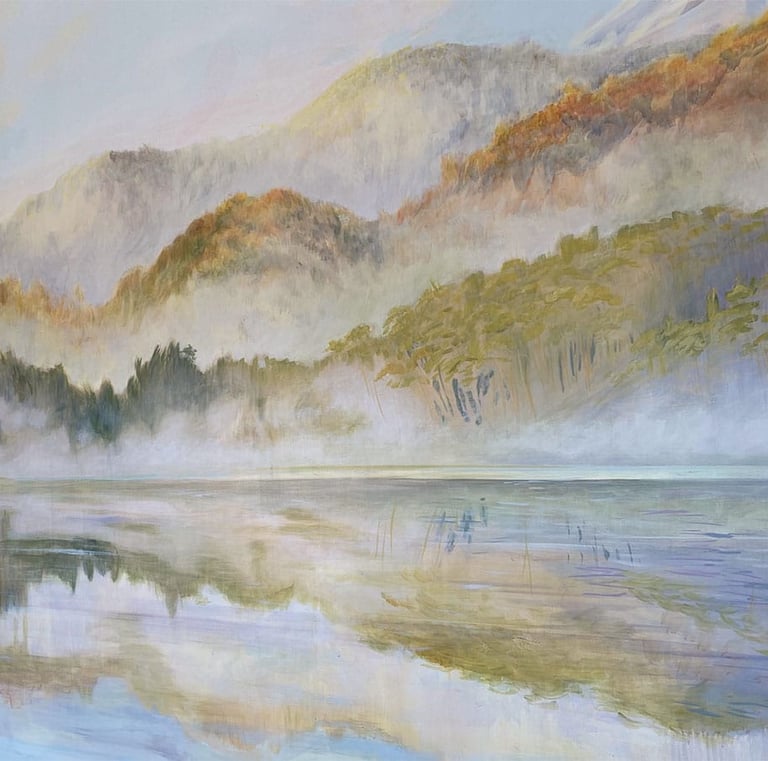 Close-up of a New Zealand mural depicting a foggy lake surrounded by thickly forested mountains. 