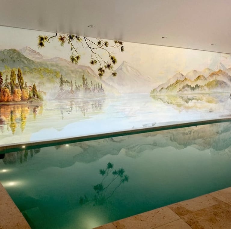 Hand-painted New Zealand lake mural evoking serenity in a luxury spa setting.