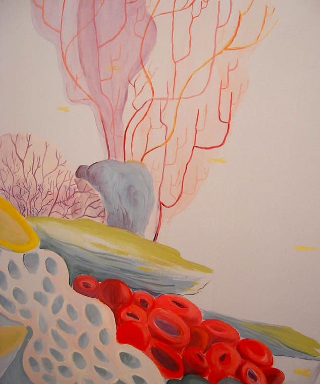 A stylish modern Mural of a coral reef with bright red coral