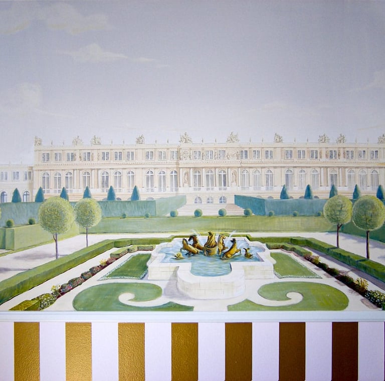 a hand painted mural of the Versailles Castle with beautiful gardens and a fountain