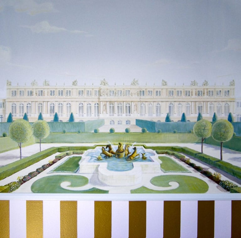 Kid's mural of Versailles, manicured gardens and a pink and gold striped dado.