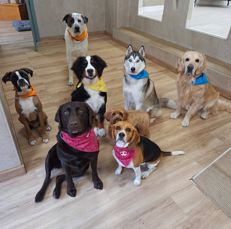 perros de razas labrador retriever, boyero de berna, golden retriever en una guardería canina