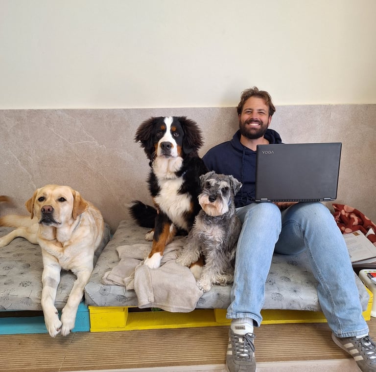 cuidador canino con los perros de una guardería canina en Madrid