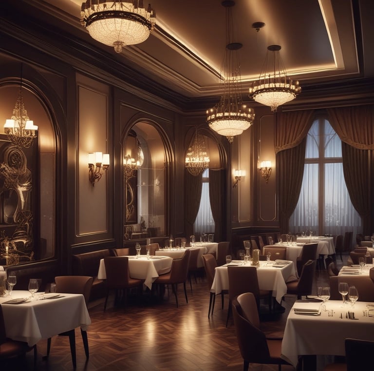 An outdoor rooftop dining area is bustling with people seated at tables, enjoying food and drinks. The setting is modern and vibrant, featuring decorative plants and overhead fans. In the background, a large suspension bridge spans over a river, surrounded by greenery and a partly cloudy sky.