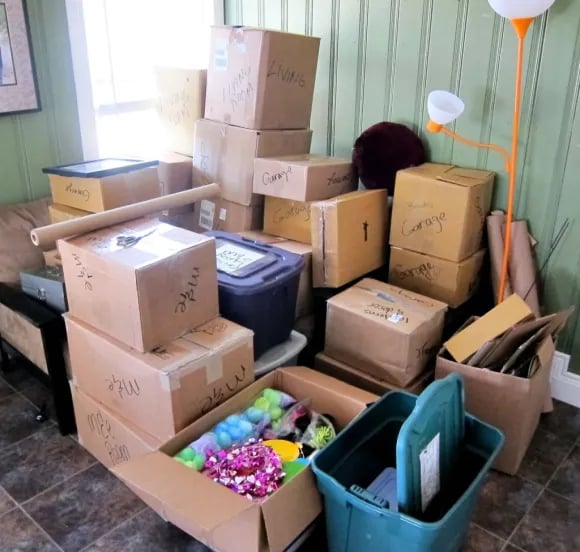 boxes piled in garage