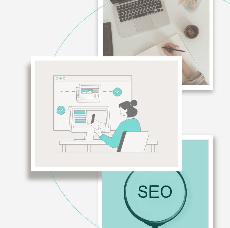 a woman sitting at a desk with a magnifying image of a woman in