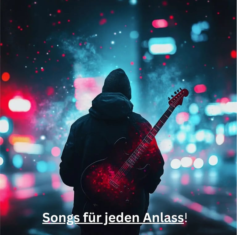 Neon-Nachtmotiv: Musiker mit Kapuze und E-Gitarre in der Stadt – Songs für jeden Anlass.