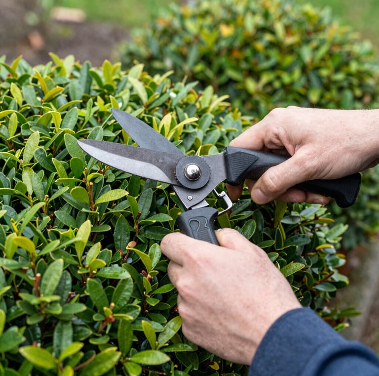 A gardener trimming bushes in a well-maintained residential garden.