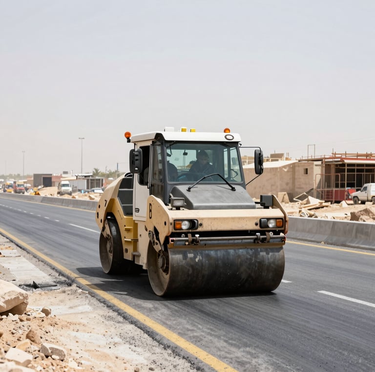 Wide-angle environmental shot of an active highway construction site in the Middle East, asphalt rollers in action, high-contrast daylight, steel tones