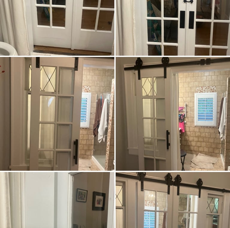 A collage showing a white interior barn door installation with black hardware and glass panes.