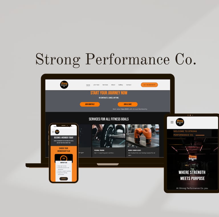 Responsive gym website design displayed on a laptop, tablet, and smartphone for Strong Performance Co.
